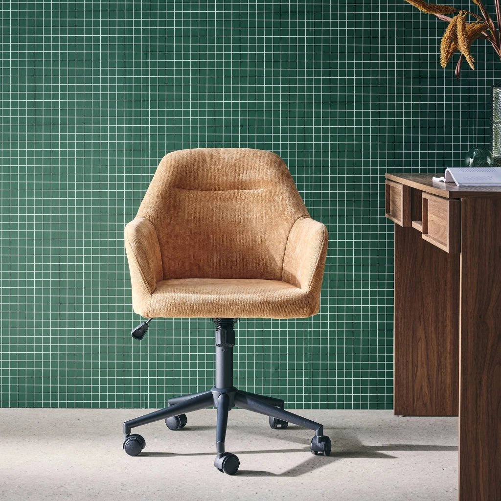 Sedia da ufficio con ruote regolabile in metallo e tessuto, camel