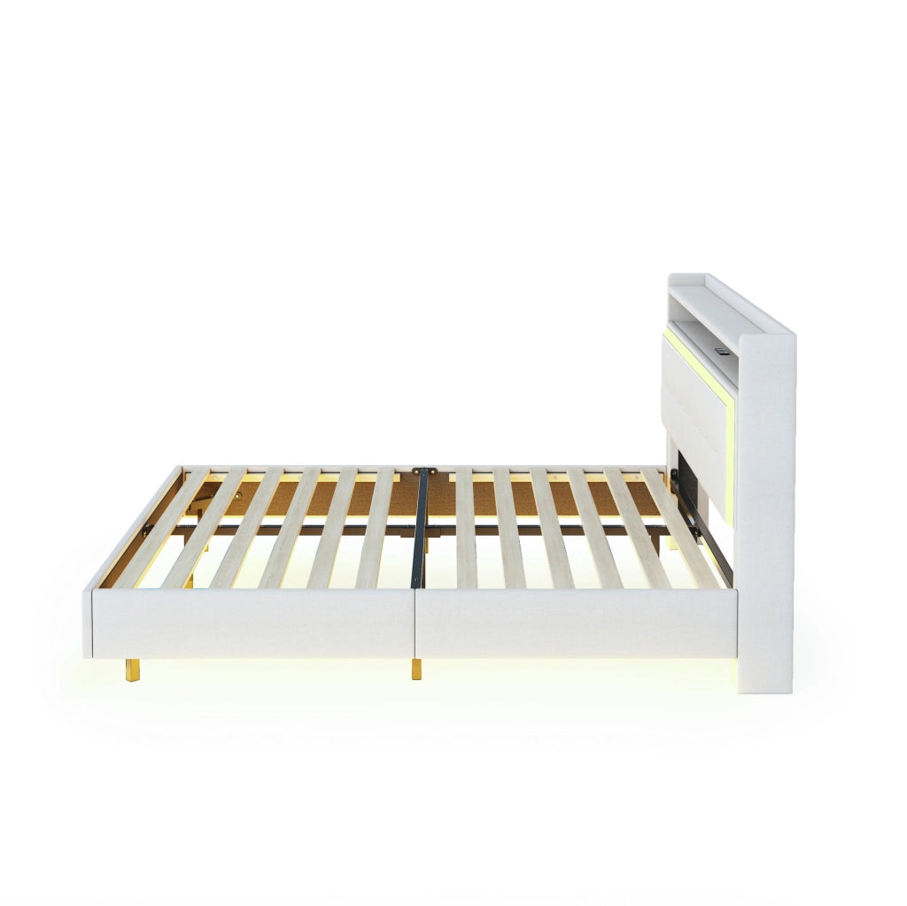 Letto imbottito matrimoniale 140x200 con USB e LED; beige