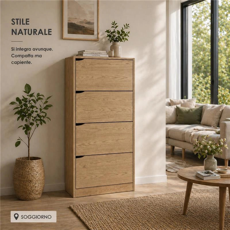 SCARPIERA LINEA HARMON IN LEGNO CON 4 ANTE COLORE ROVERE MISURA 63X24X150 CM