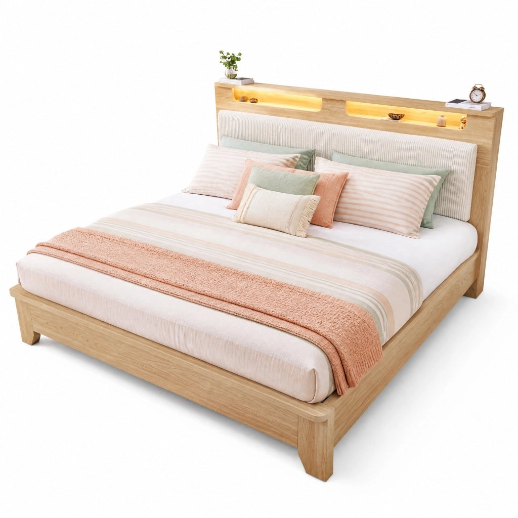 Letto matrimoniale 140x200 cm in legno color quercia chiara con LED, testiera in corduroy beige e materasso incluso