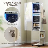 Armadio Portagioie con Specchiera Girevole a 360°, Luce LED Regolabile, Serratura e Ripiani, 37x40x165.5 cm, Nero