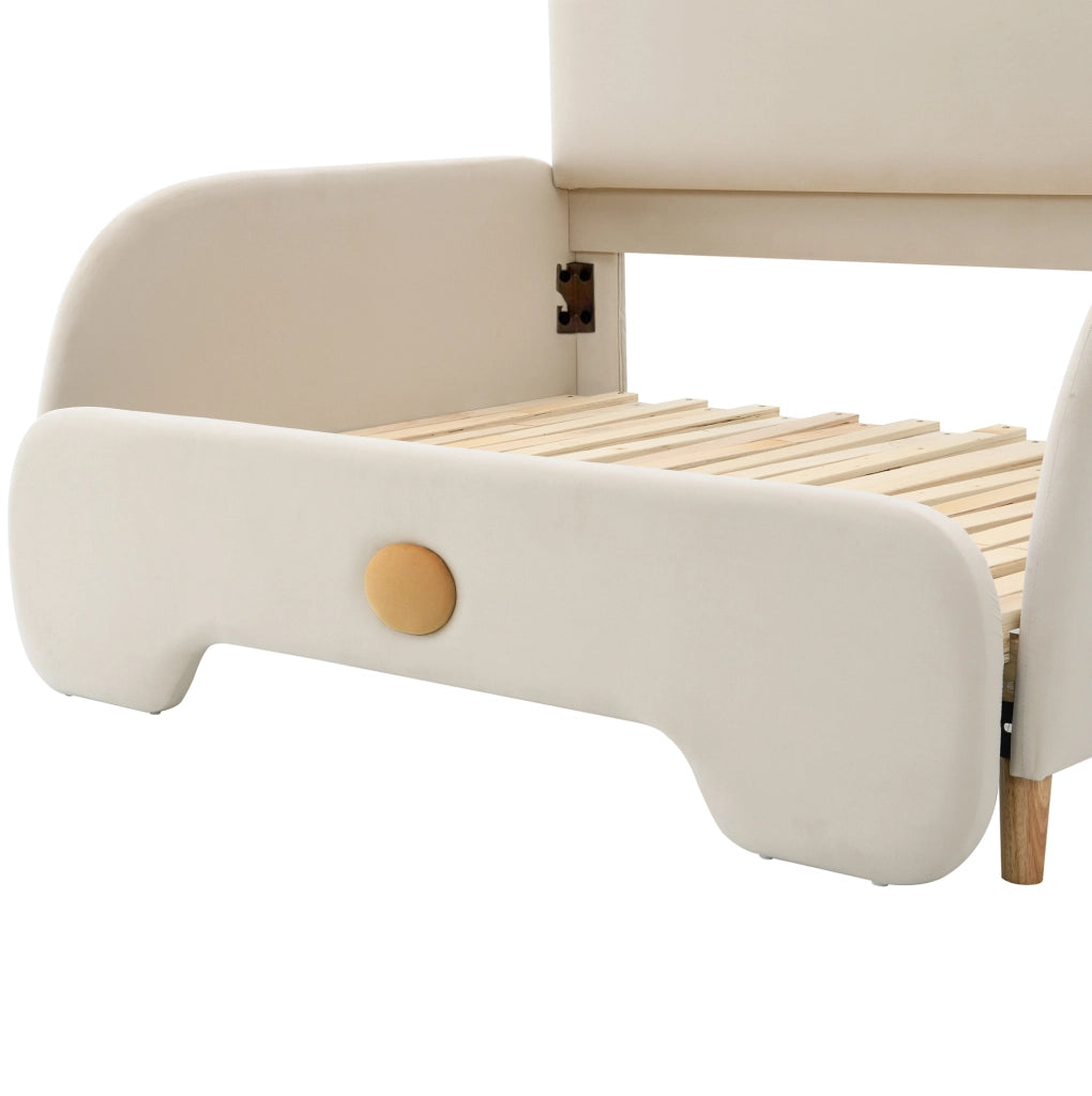 Letto matrimoniale 205x149x106.5 cm con sponde morbide; rete a doghe in legno; velluto beige
