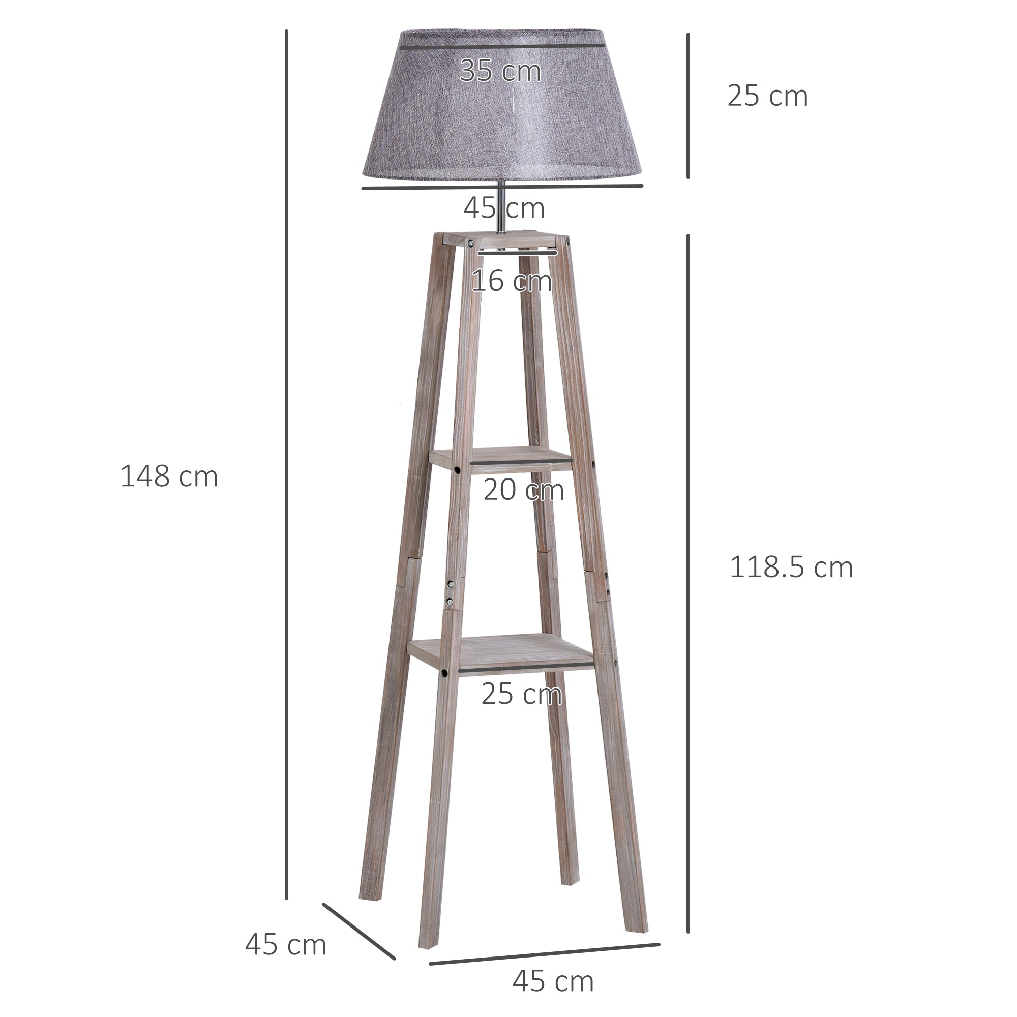 Lampada da Terra in Legno con 3 Ripiani e Paralume in Tessuto 45x45x148 cm  Grigio