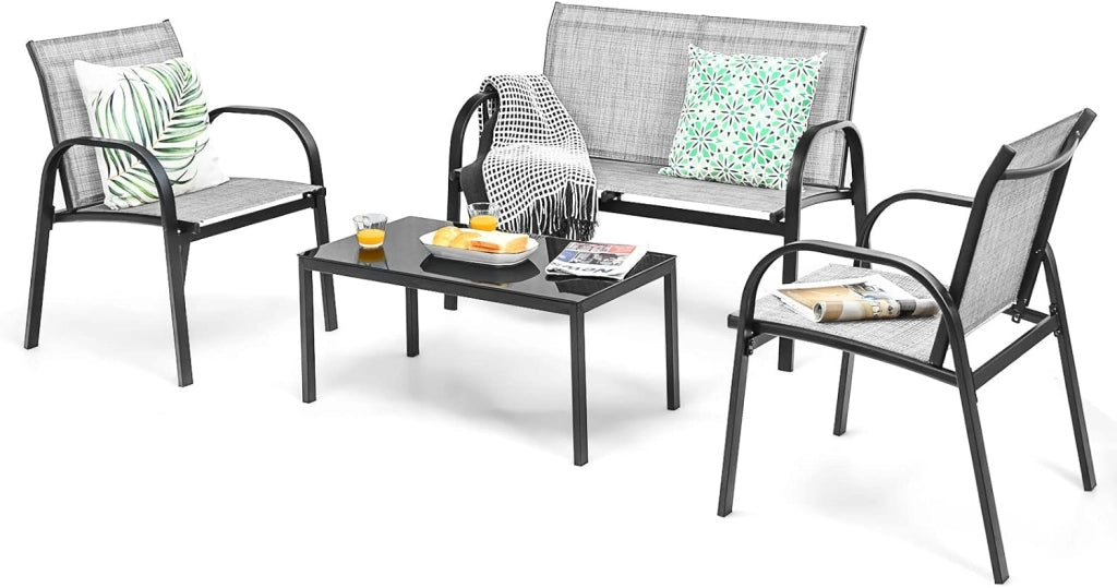 Set di 4 mobili da giardino con tavolino da salotto e panca da giardino e 2 sedie da pranzo, in textilene, set da 4 persone, mobili da giardino (Nero)