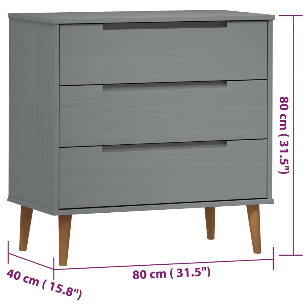 Cassettiera MOLDE Grigia 80x40x80 cm in Legno Massello di Pino 350506