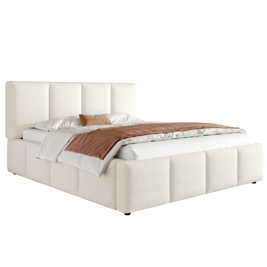 Letto matrimoniale imbottito 180x200 cm in tessuto bouclé beige con rete a doghe