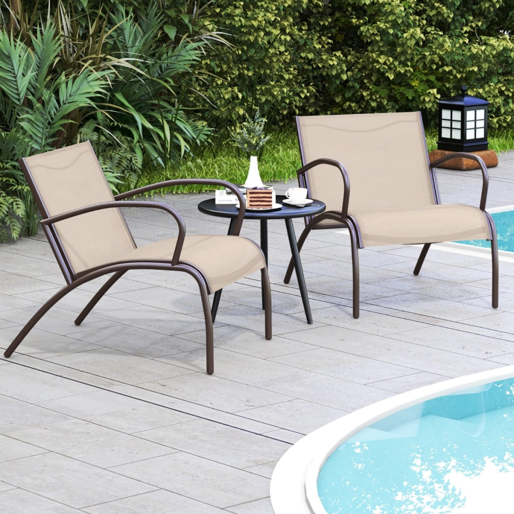 Set di sedie con braccioli e tavolino in alluminio metallico con seduta curvata in tessuto-Set di poltrone da esterno a 3 pezzi Marrone