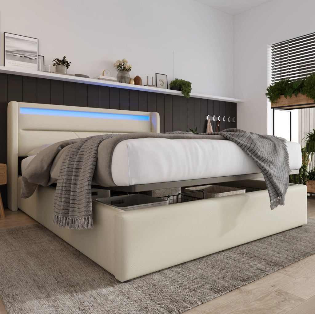 Letto contenitore imbottito 140x200 cm bianco con LED e materasso a molle H3