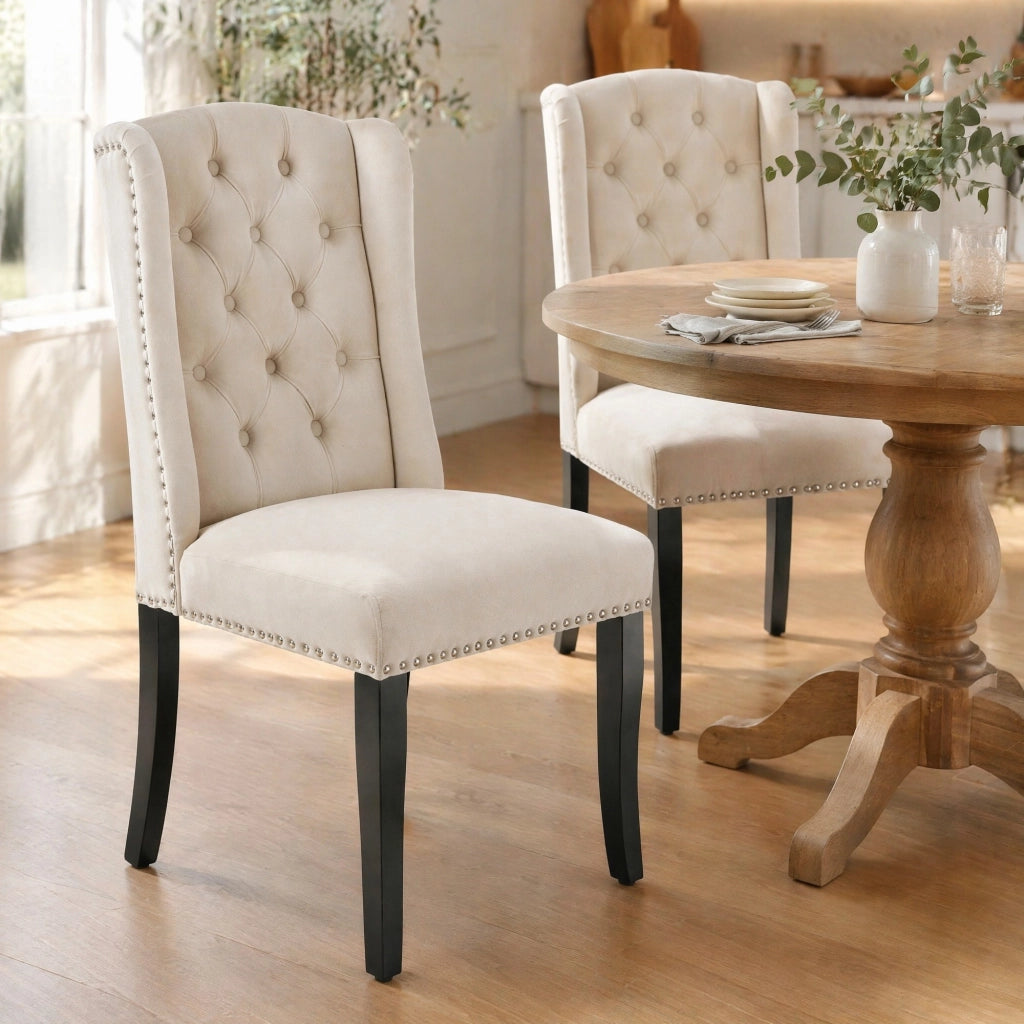 SEDIE da pranzo set da 2 pezzi in velluto beige con gambe in quercia