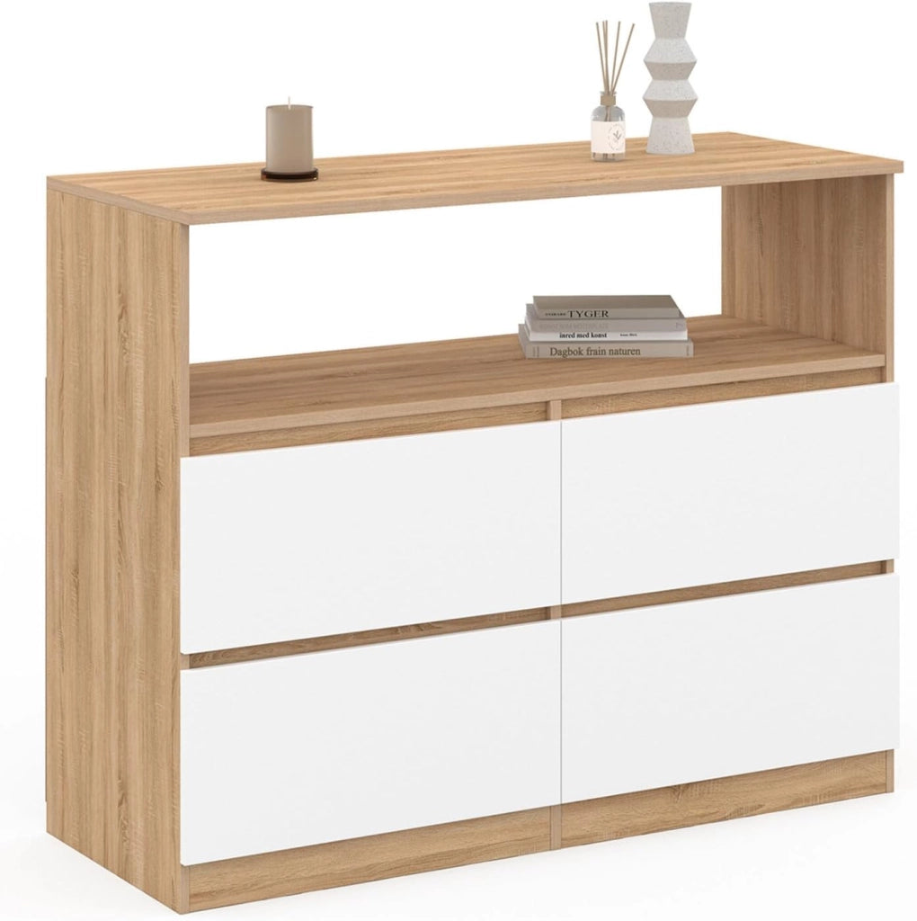 TOMI Cassettone a 4 cassetti da 100 cm con nicchia effetto faggio in bianco