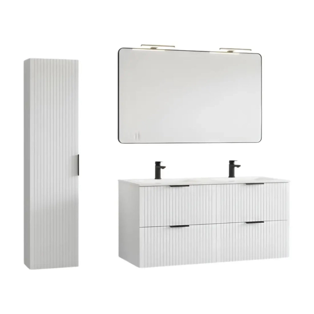 Set bagno NOXERA 120 cm – Mobile sospeso bianco alpino con doppio lavabo incassato, specchio LED e co