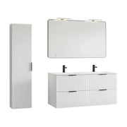 Set bagno NOXERA 120 cm – Mobile sospeso bianco alpino con doppio lavabo incassato, specchio LED e co