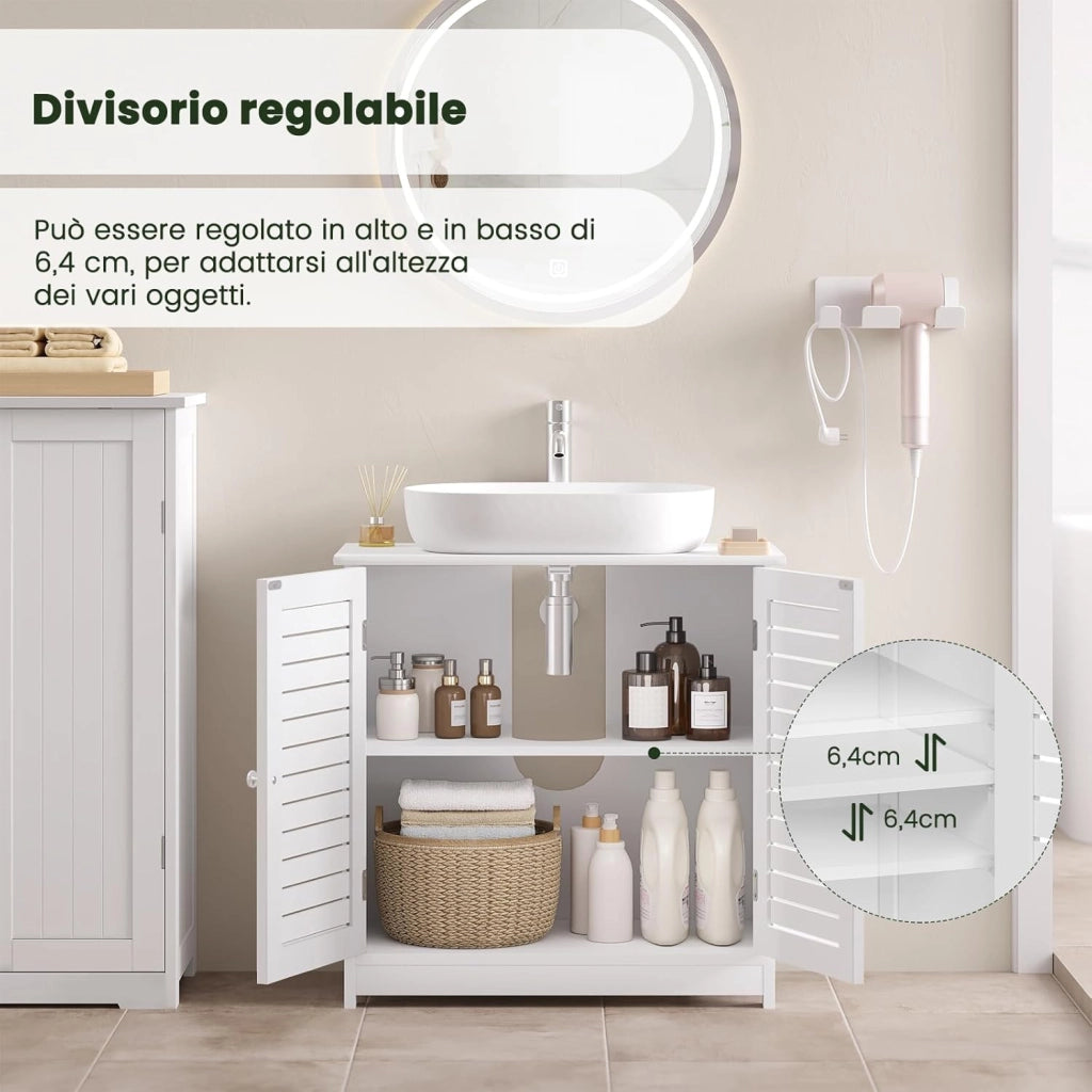 Mobiletto Sottolavabo Sottolavello Bianco Armadietto sotto Lavandino per Bagno con Due Ante in Legno