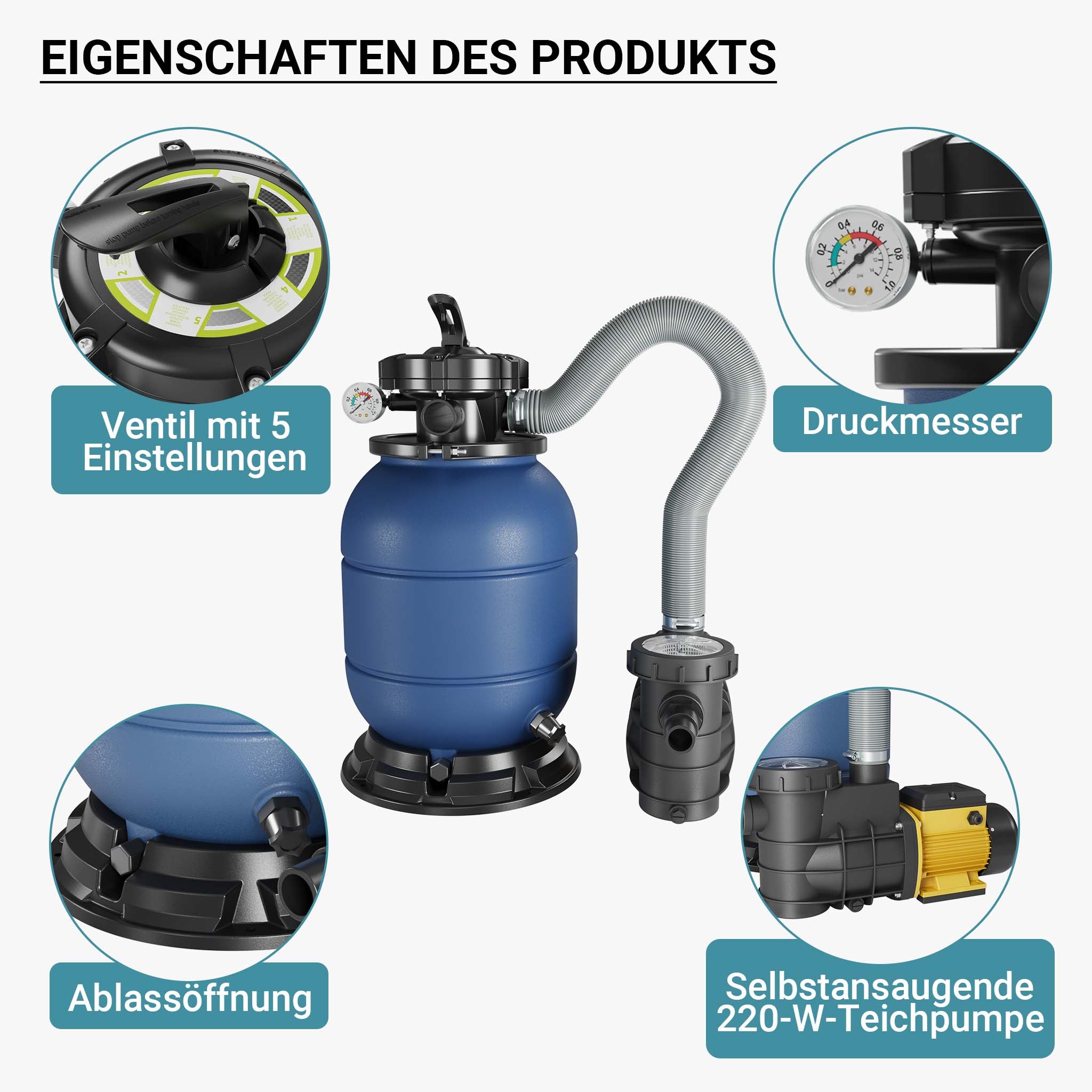 Filtro a sabbia con pompa autoadescante e valvola a 5 posizioni HZS-200, 220W, filtraggio acqua piscina