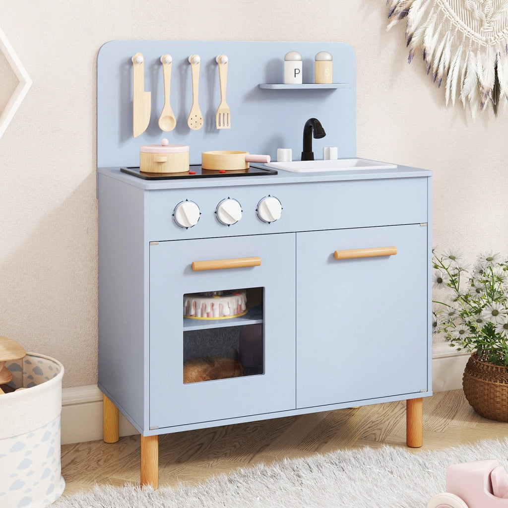 Set da cucina per bambini in legno con luci e accessori da cucina, Gioco educativo con spazio di archiviazione Blu