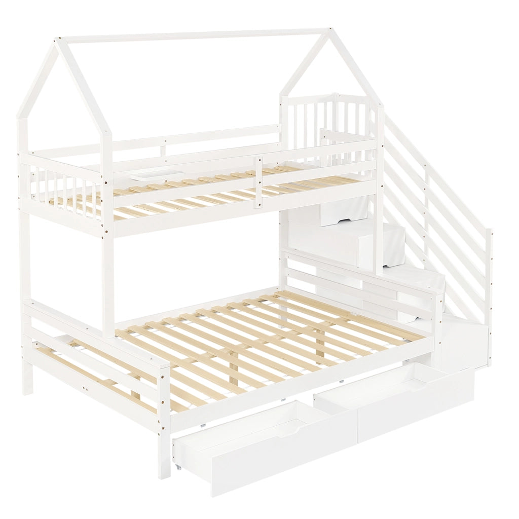 OKWISH Letto a Castello 90×200 cm e 140×200 cm, Letto 3 Posti con 2 Cassetti, Scala Contenitore e Spondine, senza Materasso, Bianco