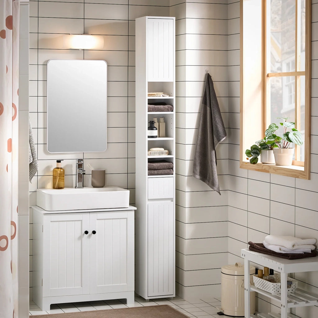 Armadio Colonna bagno, Mobile bagno alto con 2 Ante e 1 cassetto Bianco 20x20x180 BZR160-W