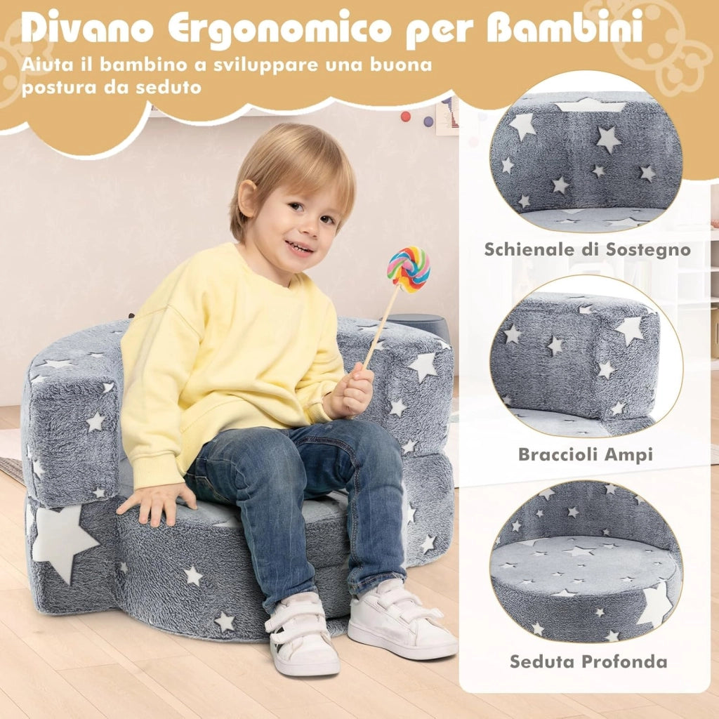 Divano Cuscino per Bambini Pieghevole 2 in 1, Poltrona Schienale Pieghevole per Bambini con Motivi Luminosi nel Buio, Divano Pieghevole per Camera da Letto e Soggiorno (Stella grigio)