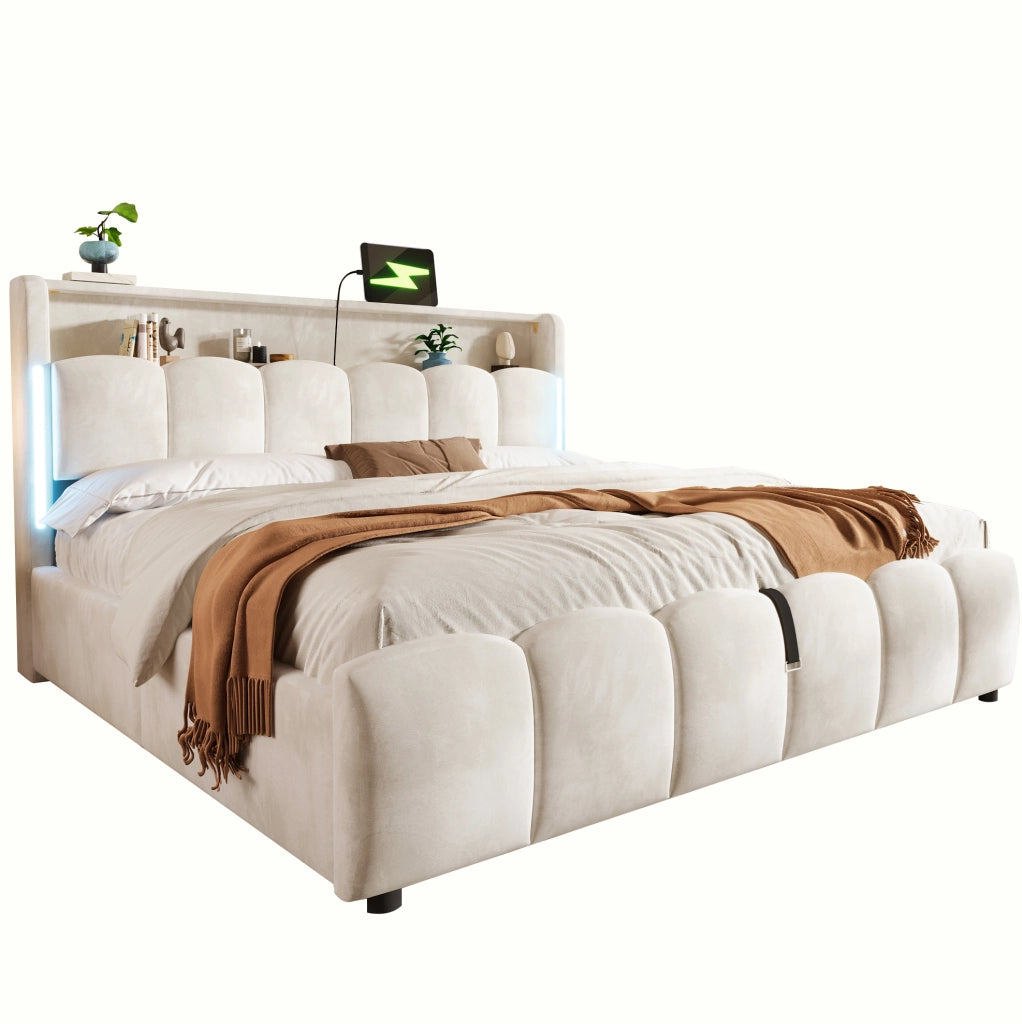 Letto matrimoniale imbottito 180x200 cm in velluto beige con LED; contenitore e USB/Type-C