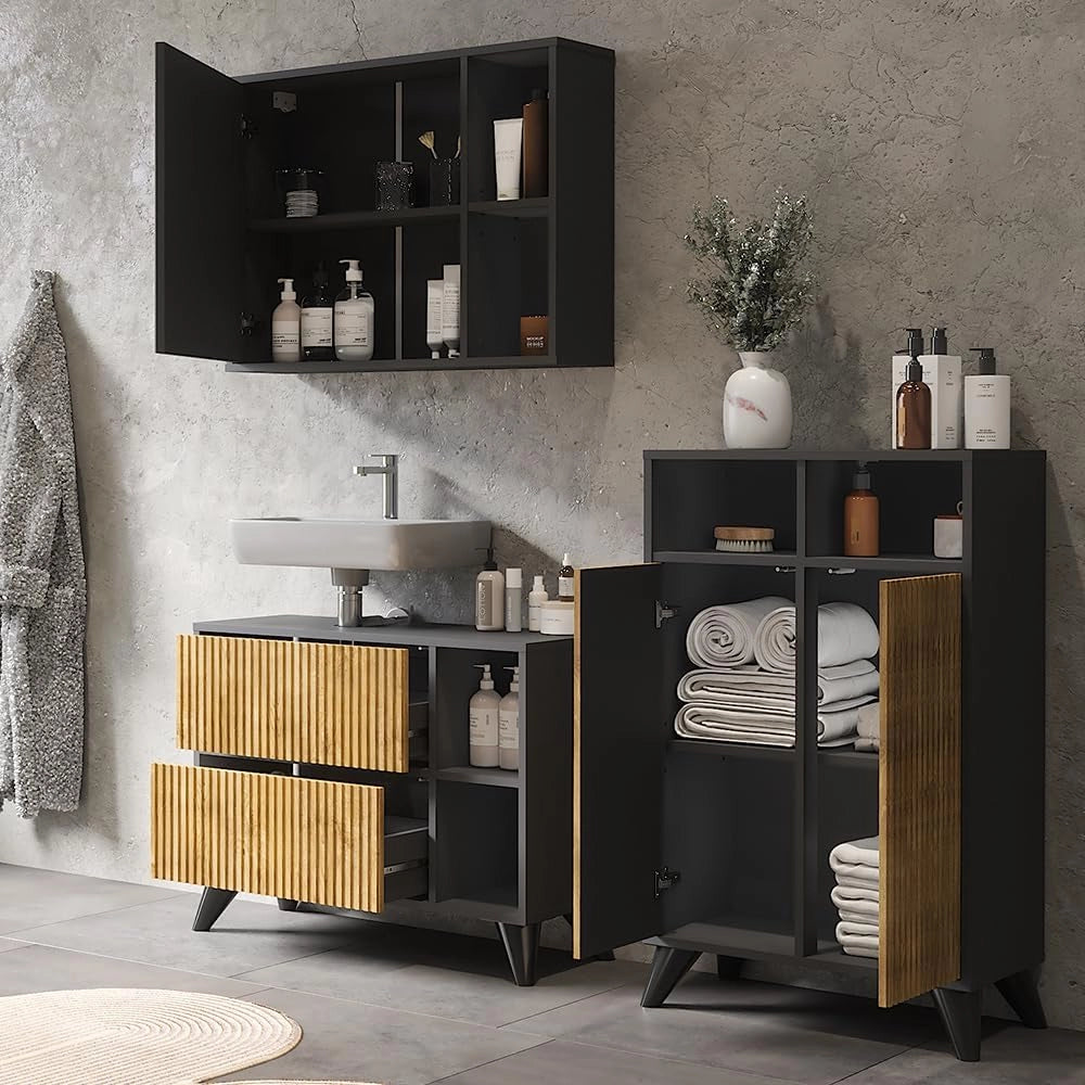 Set di mobili da bagno Leano, Antracite/quercia di montagna, 80 cm, composto da mobile sottolavabo, specchiera e mobile medio