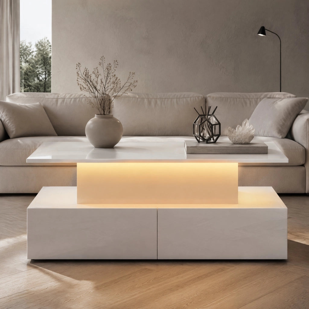 Tavolino da caffè LED in finitura bianco lucido 90x55x41 cm con 4 cassetti e vano contenitore