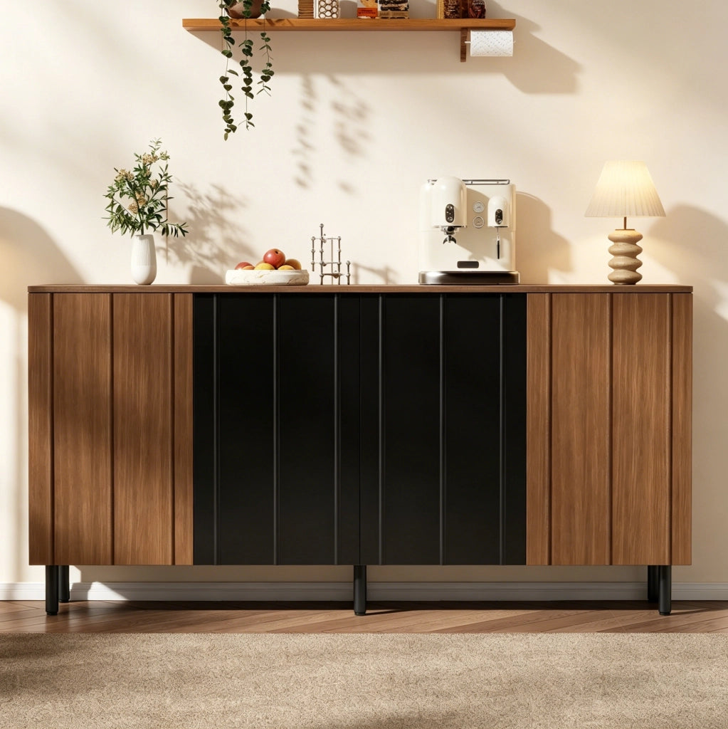 Credenza da cucina 160x35x80 cm noce e nero con 4 ante