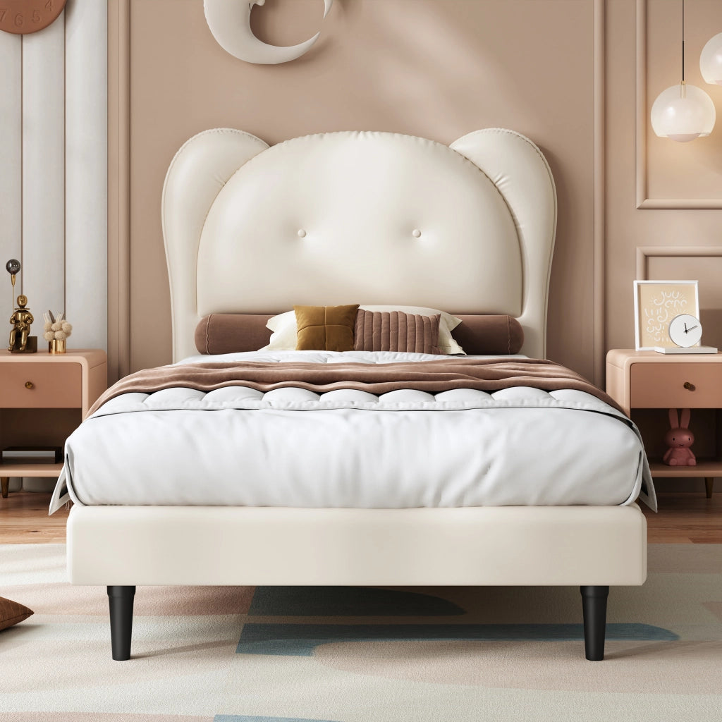 Letto per Bambini 90x200 cm; Letto Singolo - Testiera a Forma di Animale - PU - Beige