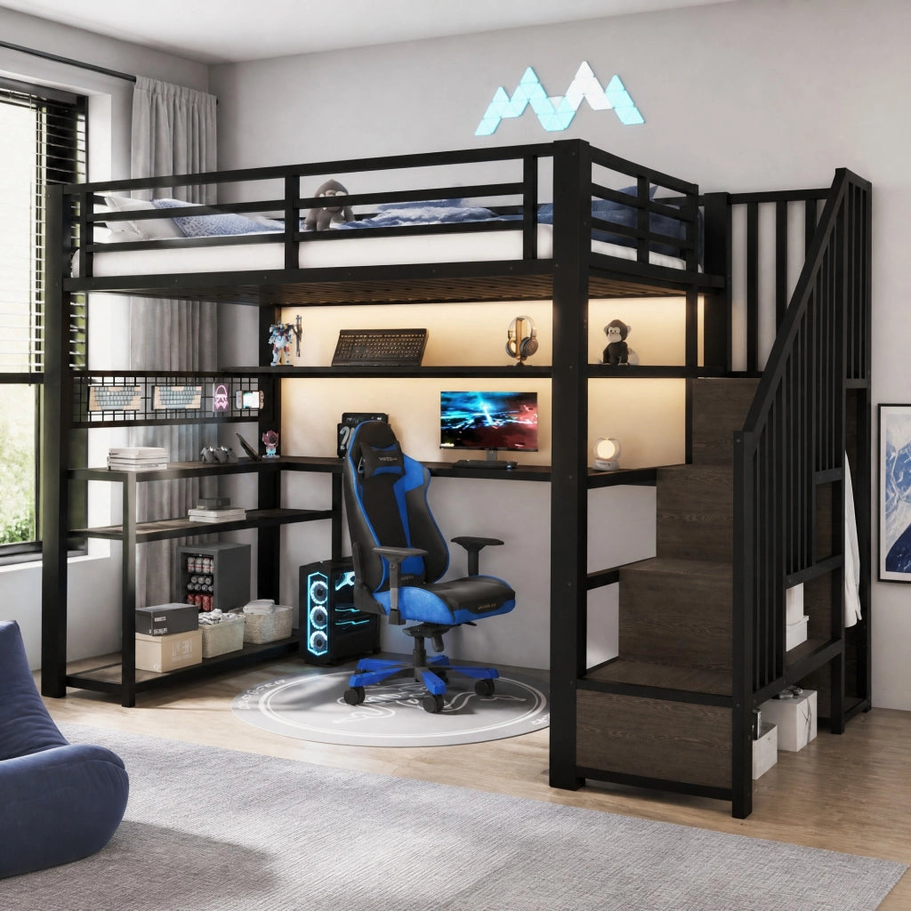 LETTO A CASTELLO 90x200 cm in metallo e MDF nero con scrivania, armadio e LED