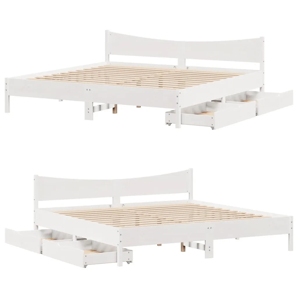 Letto matrimoniale | Letto per adulti | Giroletto con Cassetti Bianco 200x200 cm Legno Massello di Pino
