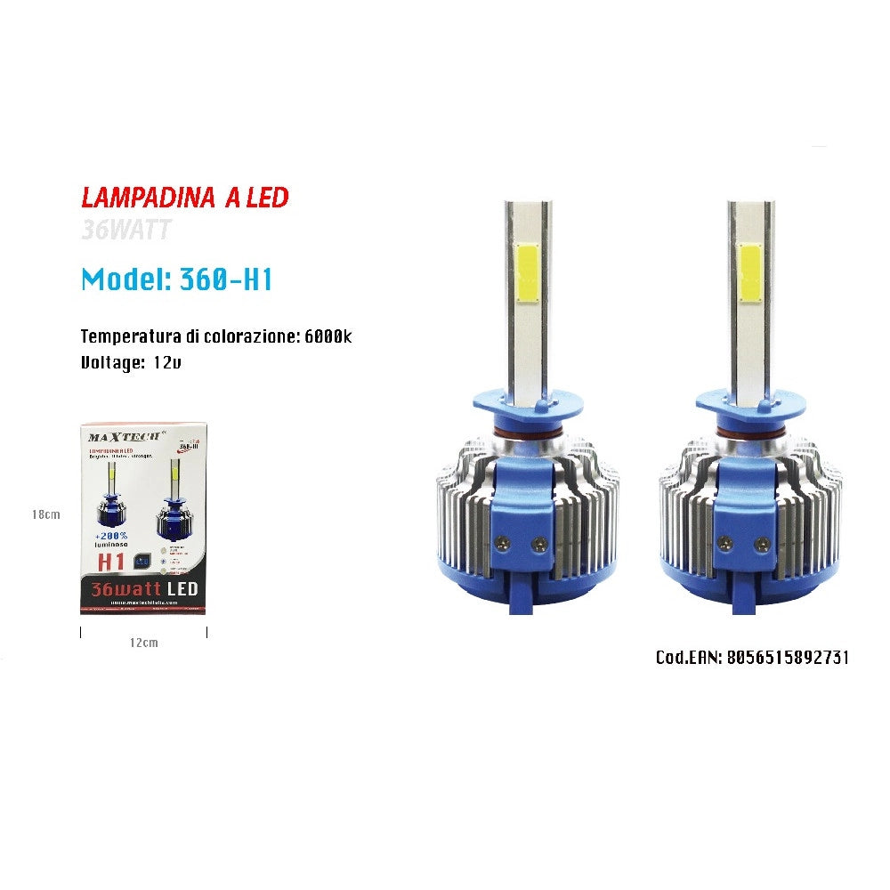 Trade Shop - Coppia Lampade Led Auto Fari H1 Moto Kit Lampadine 36w 6000k Faro Maxtech 360-h1 -