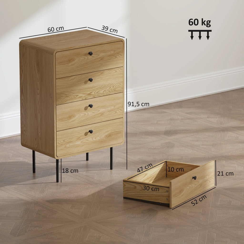 Cassettiera 4 Cassetti Stretto con Piedi in Acciaio ¨C Zephmum ¨C Quercia 60x39x91.5 cm