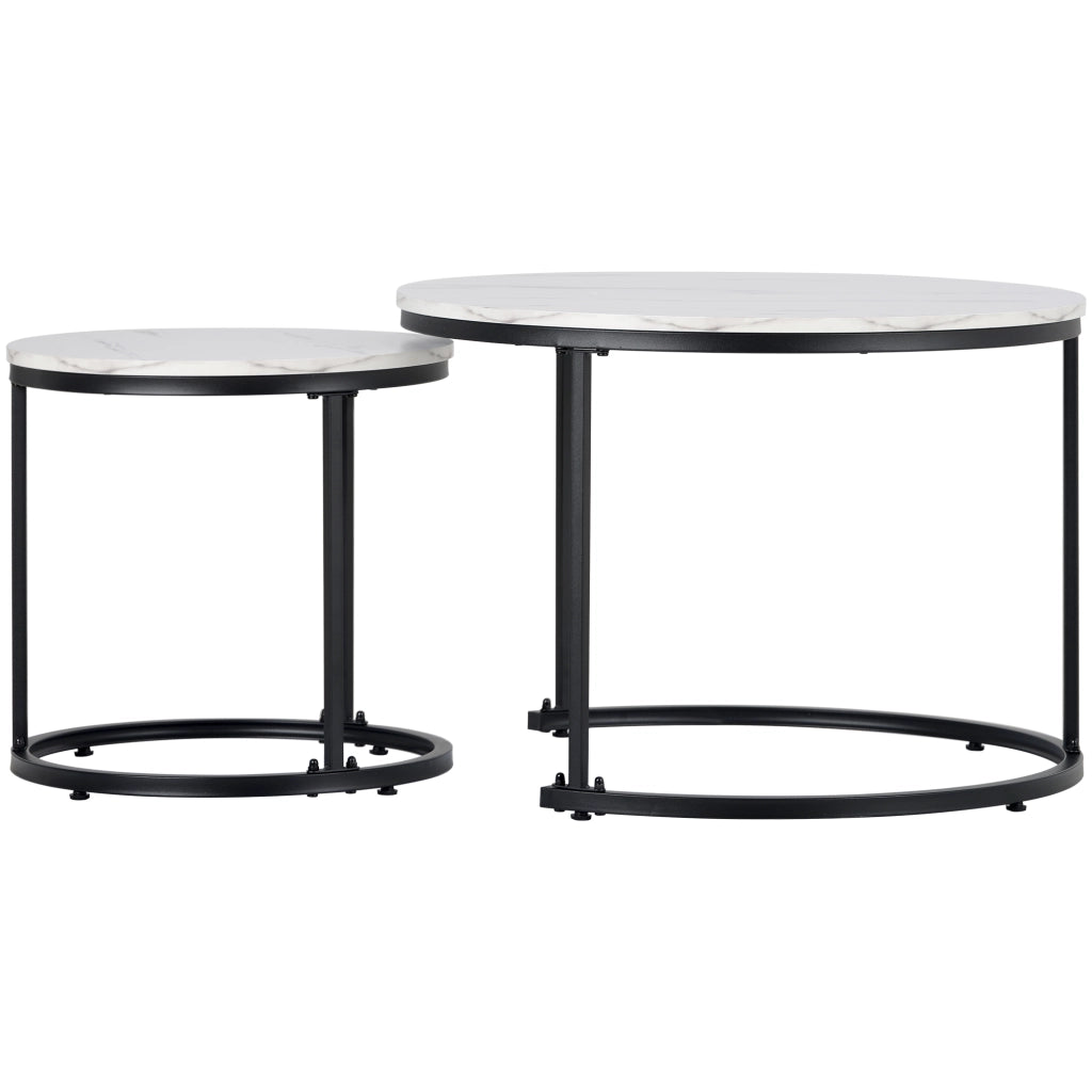 Tavolini da Caffè Impilabili Rotondi 2 Pezzi con Piano Effetto Marmo; Struttura in Metallo; in MDF; Marmo Bianco