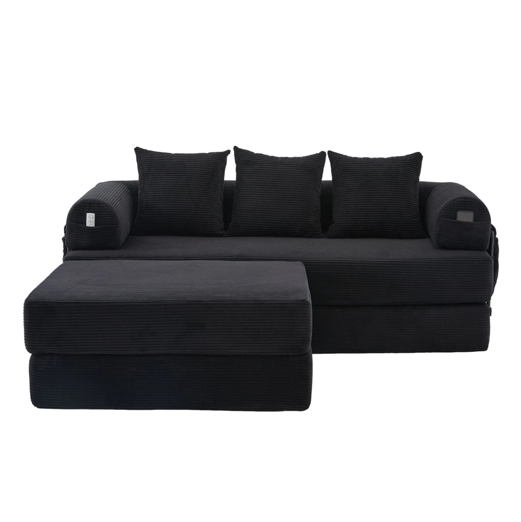 Divano modulare nero 200x190 cm in velluto a coste; con pouf e tasca laterale