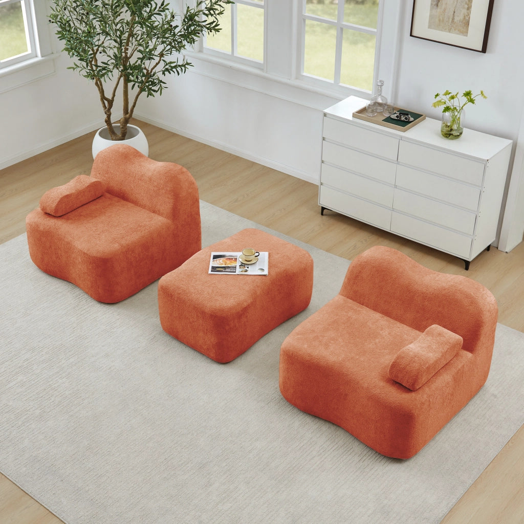 Divano angolare modulare 2 posti con pouf schienale ondulato bracciolo mobile senza montaggio in velluto arancione