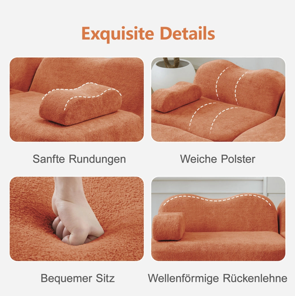 Divano angolare modulare 384x167x70 cm in velluto arancione con pouf collegabile