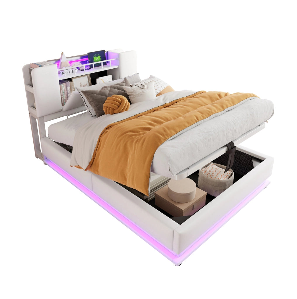 Letto imbottito per bambini 90x200 cm con LED; USB e contenitore idraulico; beige