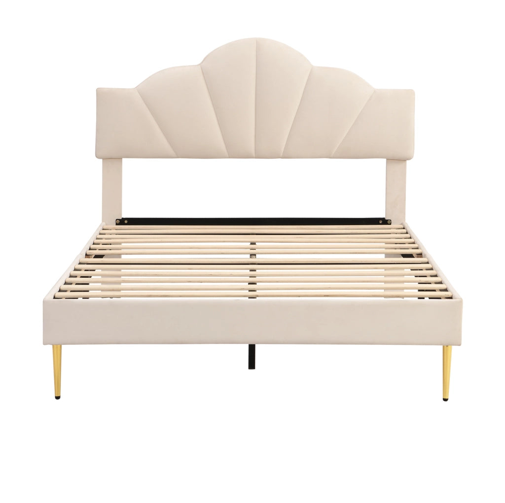 Letto imbottito 140x200 cm in velluto con testiera regolabile e rete a doghe; beige