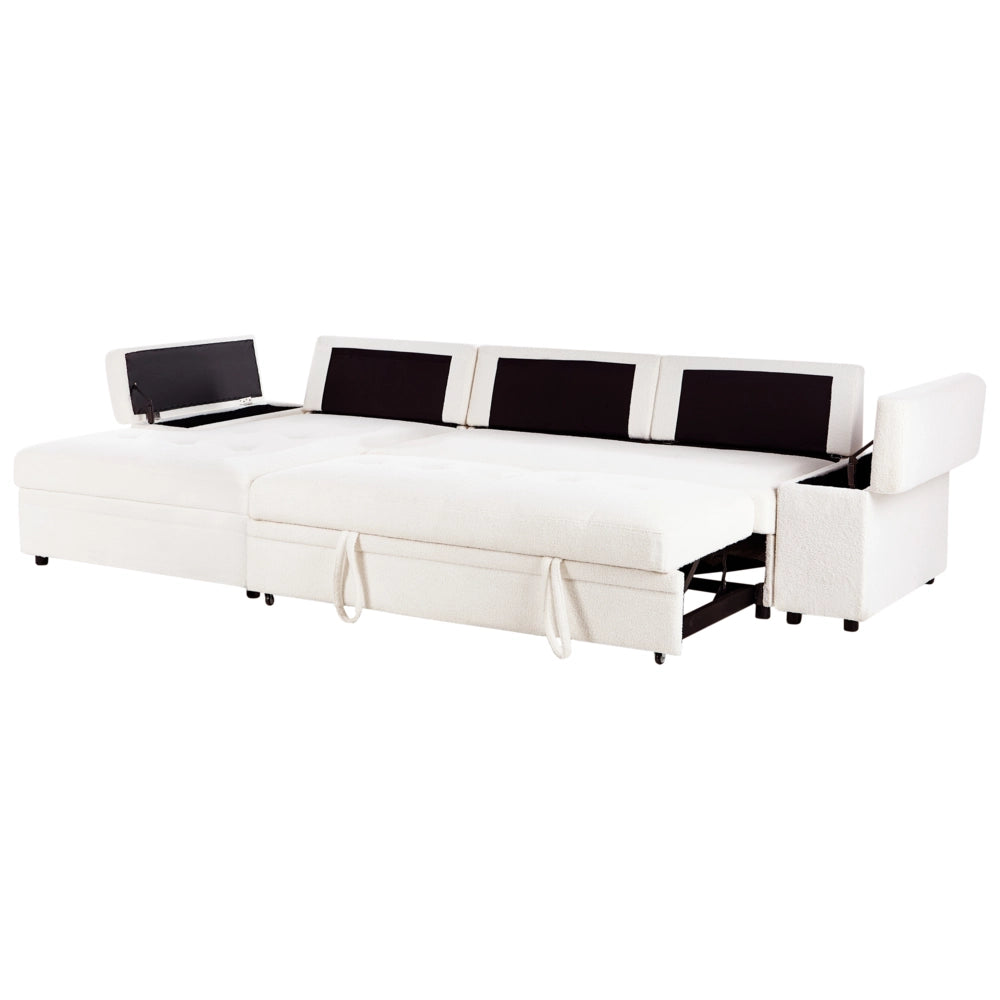 Divano letto angolare Bianco Boucle imbottito Orientamento a destra con letto contenitore