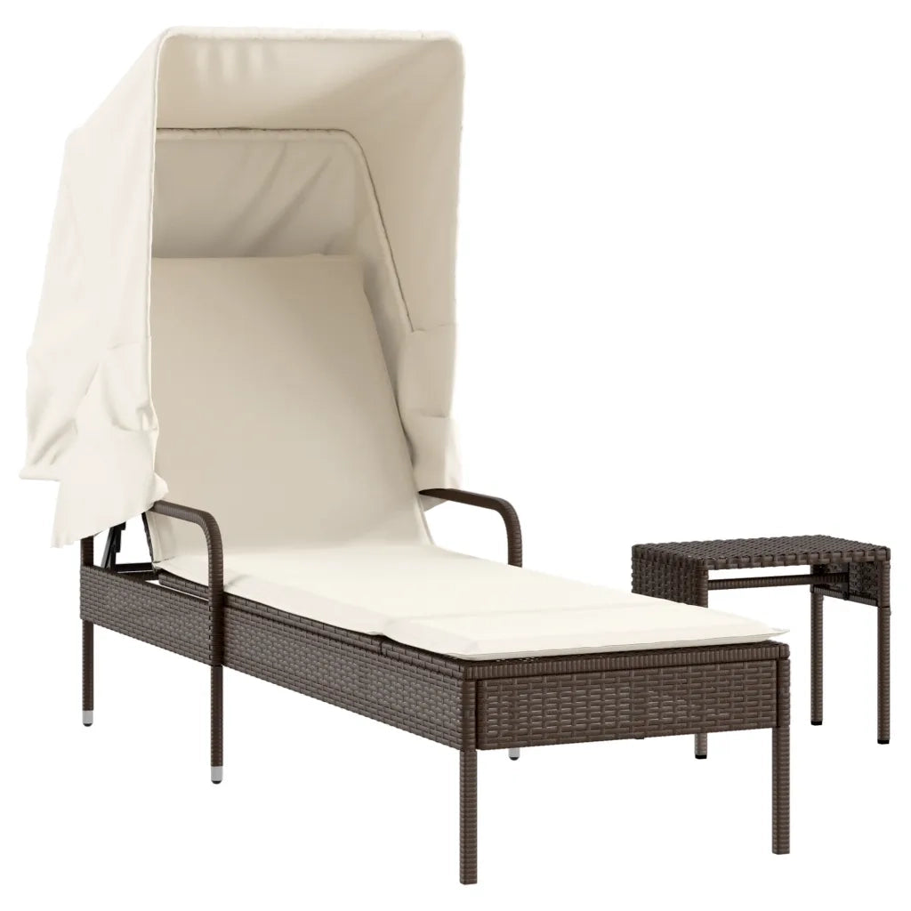 Lettino Prendisole con Baldacchino e Tavolo Marrone Polyrattan 368198
