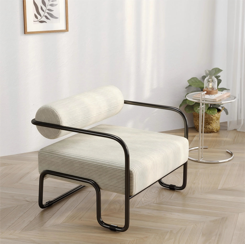 Poltrona lounge con schienale cilindrico e struttura stabile per soggiorno in velluto a coste - beige