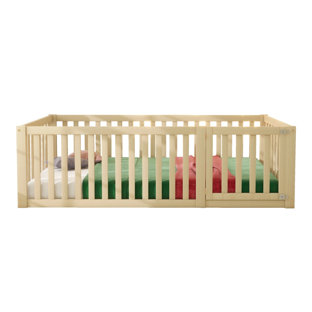 Letto per bambini 90x200 - Zephmum - Struttura in legno con recinzione e porta