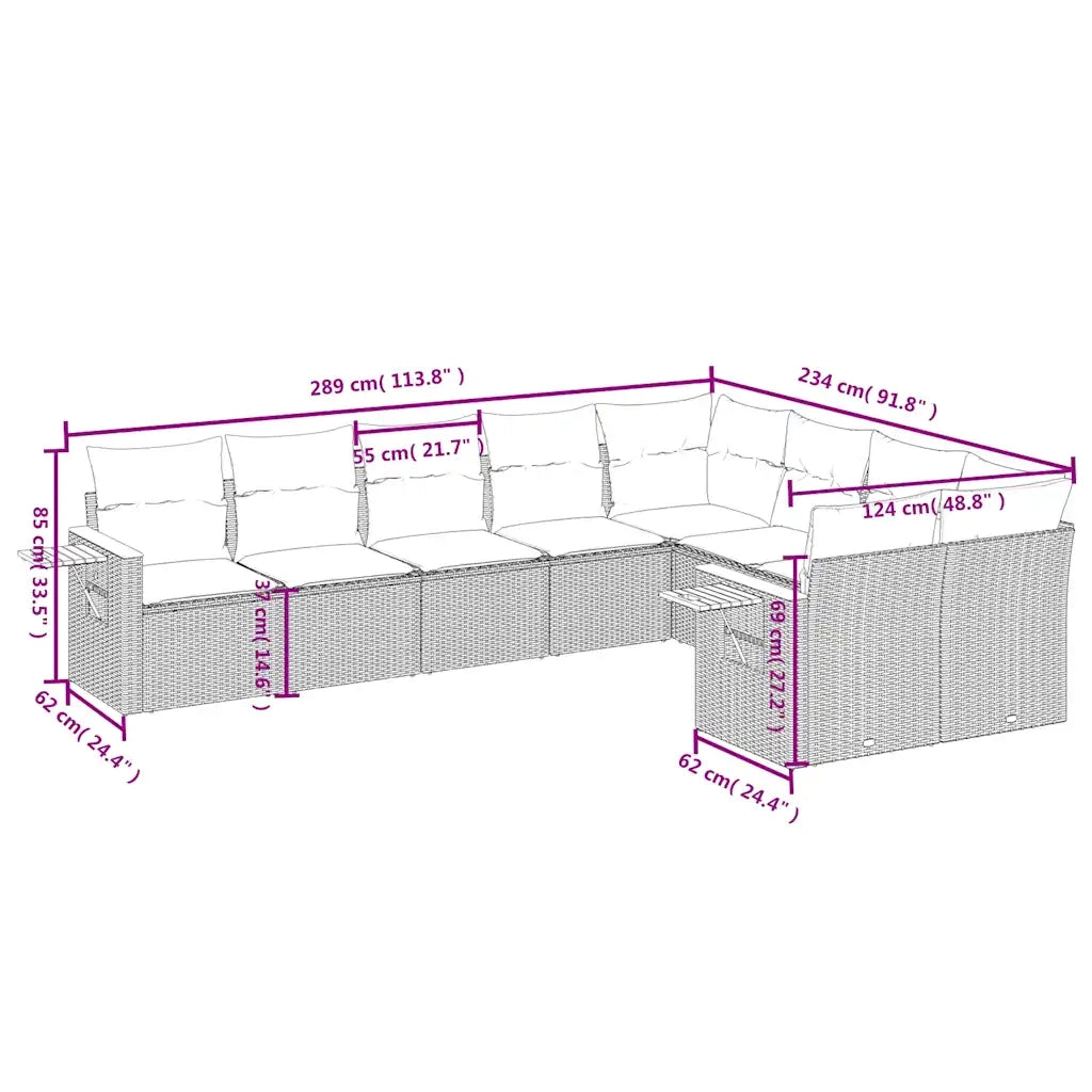Set Divano da Giardino 9 pz con Cuscini Grigio in Polyrattan