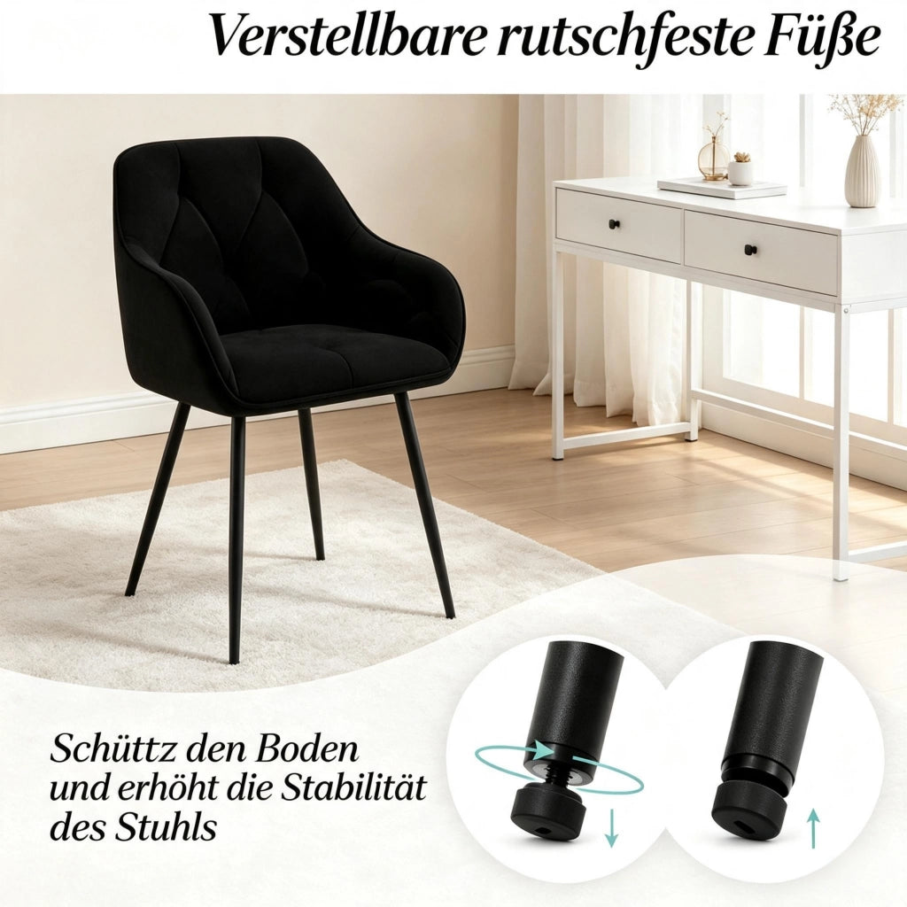 Sedie da pranzo set da 2 imbottite ergonomiche con braccioli e piedi regolabili per sala da pranzo in velluto nero