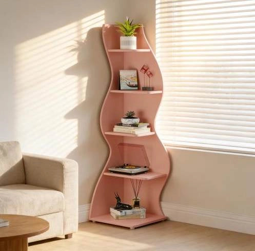 Scaffale angolare a 5 ripiani rosa in legno