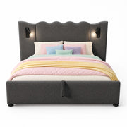 Letto matrimoniale 160x200 in lino grigio con luce da lettura, porte USB/Type-C e contenitore