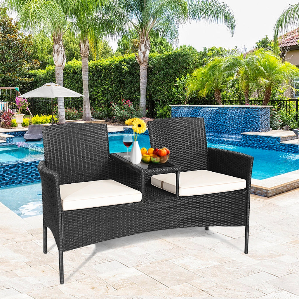 Set di mobili in rattan con struttura in metallo cuscini rimovibili, Poltrona da patio con tavolo in vetro Bianco-Set mobili da esterno