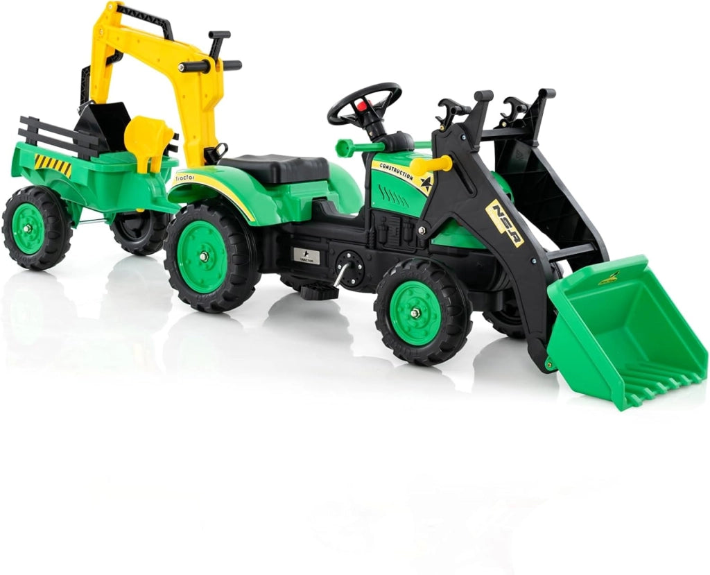 3 in 1 Escavatore per Bambini, Trattore con Rimorchio Staccabile Cavalcabile per Bambini, con 6 Ruote e 2 Benne, per Bambini 3-6 Anni (Verde)
