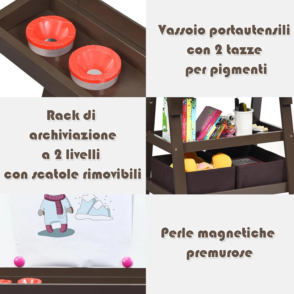 3 in 1 Cavalletto per Bambini con Doppia Faccia, Cavalletto per Disegno con 2 Vassoi e 2 Scatole, Lavagna Bambini in Legno (Caffè)