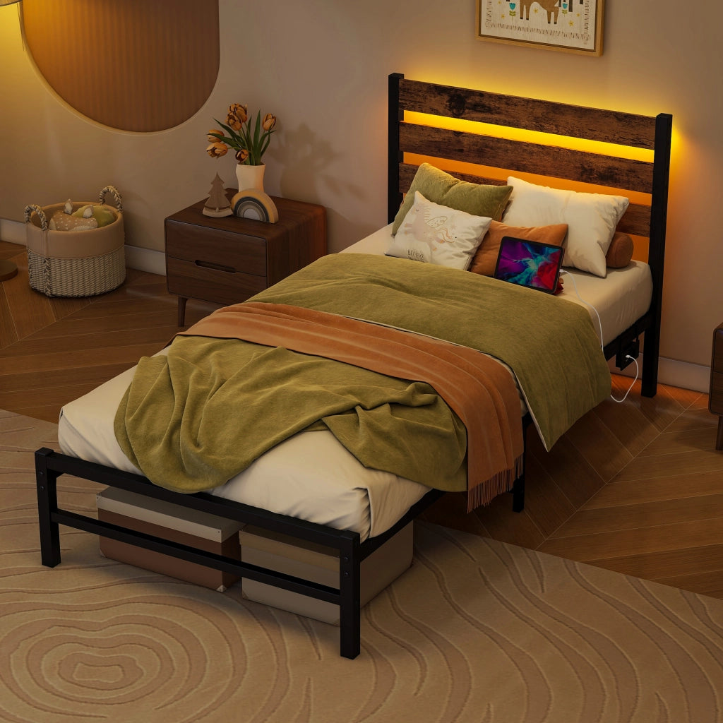 Letto in metallo con USB e LED 90x200 cm MDF marrone e metallo