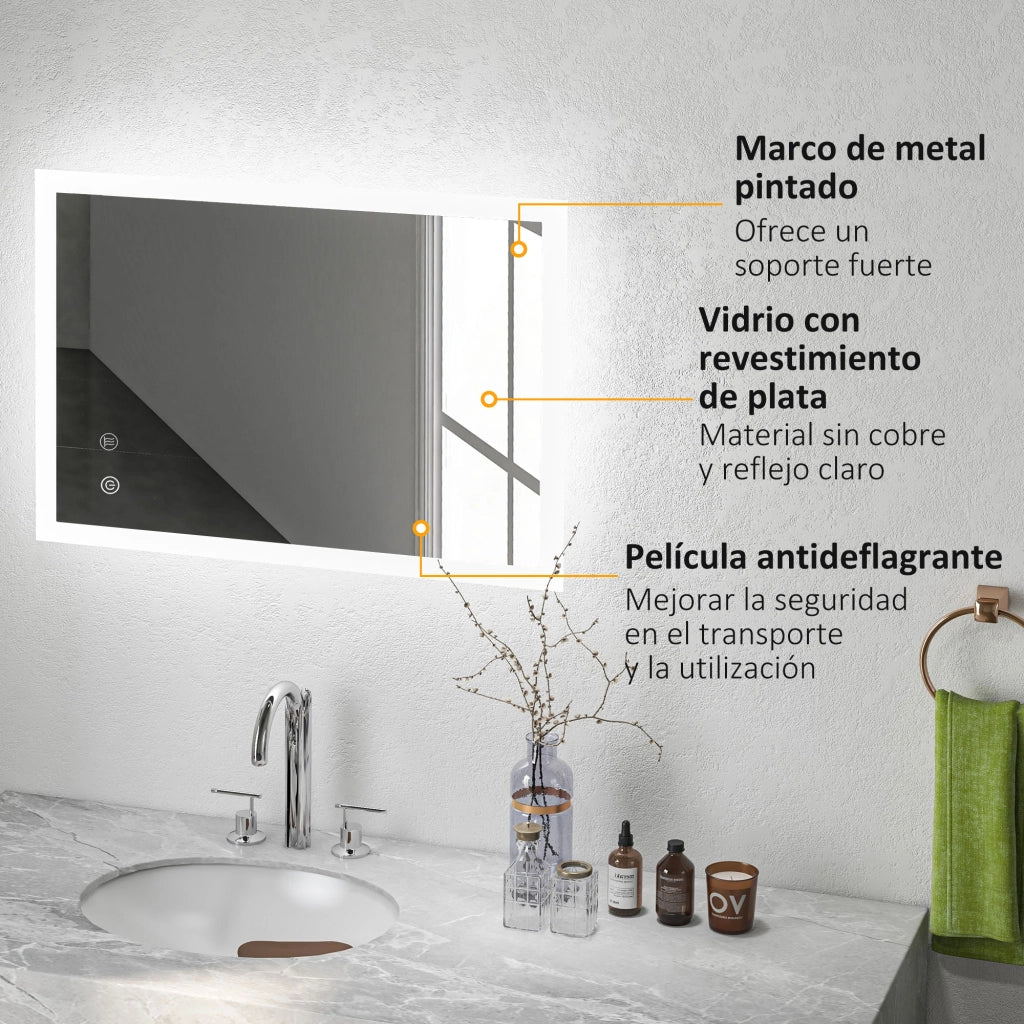 Specchio da Bagno LED con Antivappo Retroilluminato 3 Colori ¨C zephmum ¨C 70x50 cm